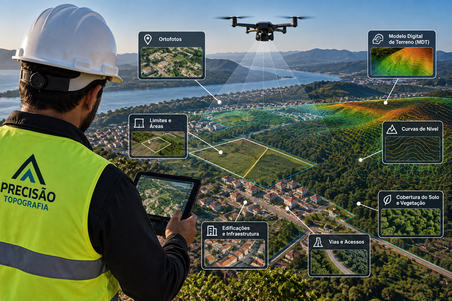 Profissional de topografia com tablet operando aerolevantamento com drone, com visão aérea de área mapeada, ortofotos, curvas de nível, limites e edificações ao fundo