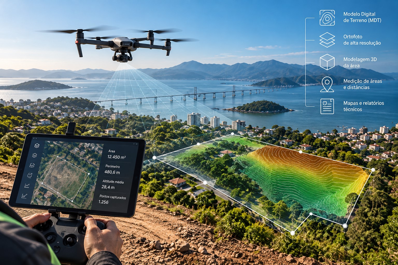 Drone de levantamento sobrevoando terreno costeiro