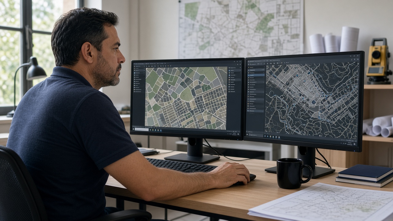 Profissional consultando mapa cadastral em estação de trabalho