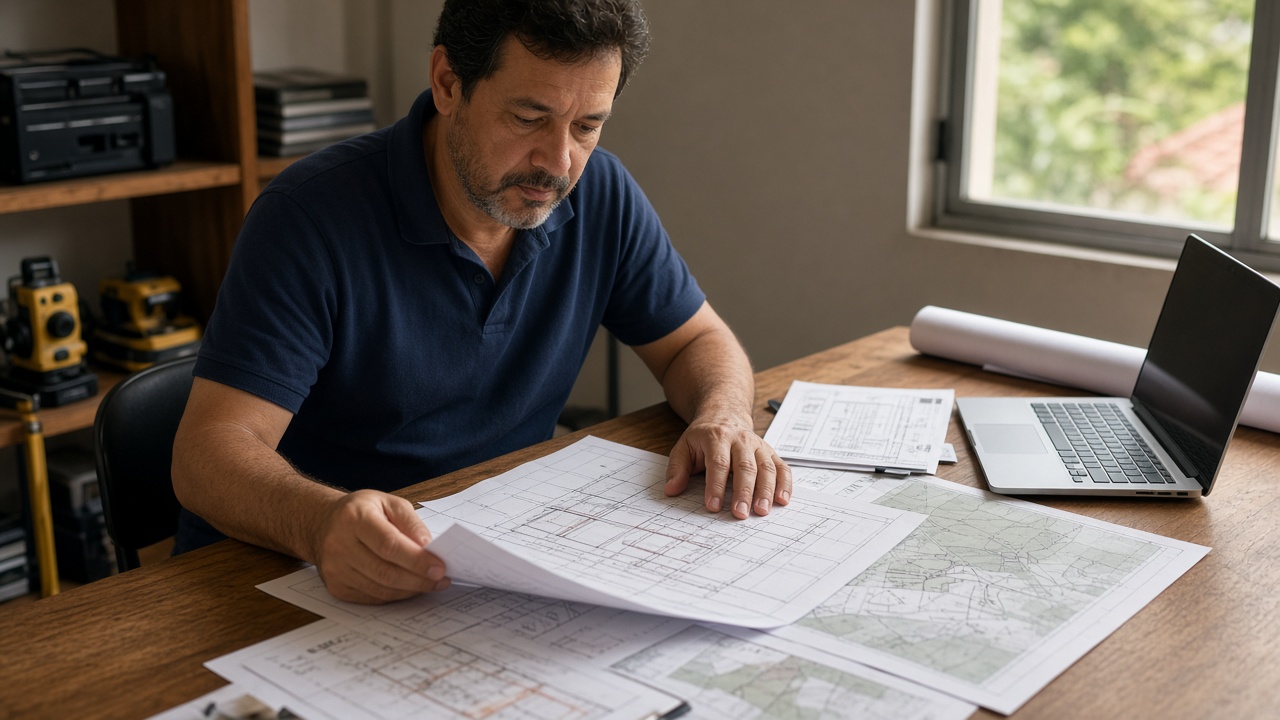 Profissional analisando documentos técnicos e plantas do imóvel