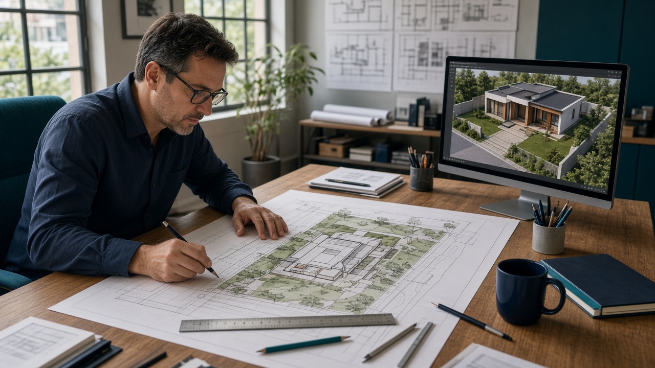 Profissional desenvolvendo projeto técnico com planta do imóvel