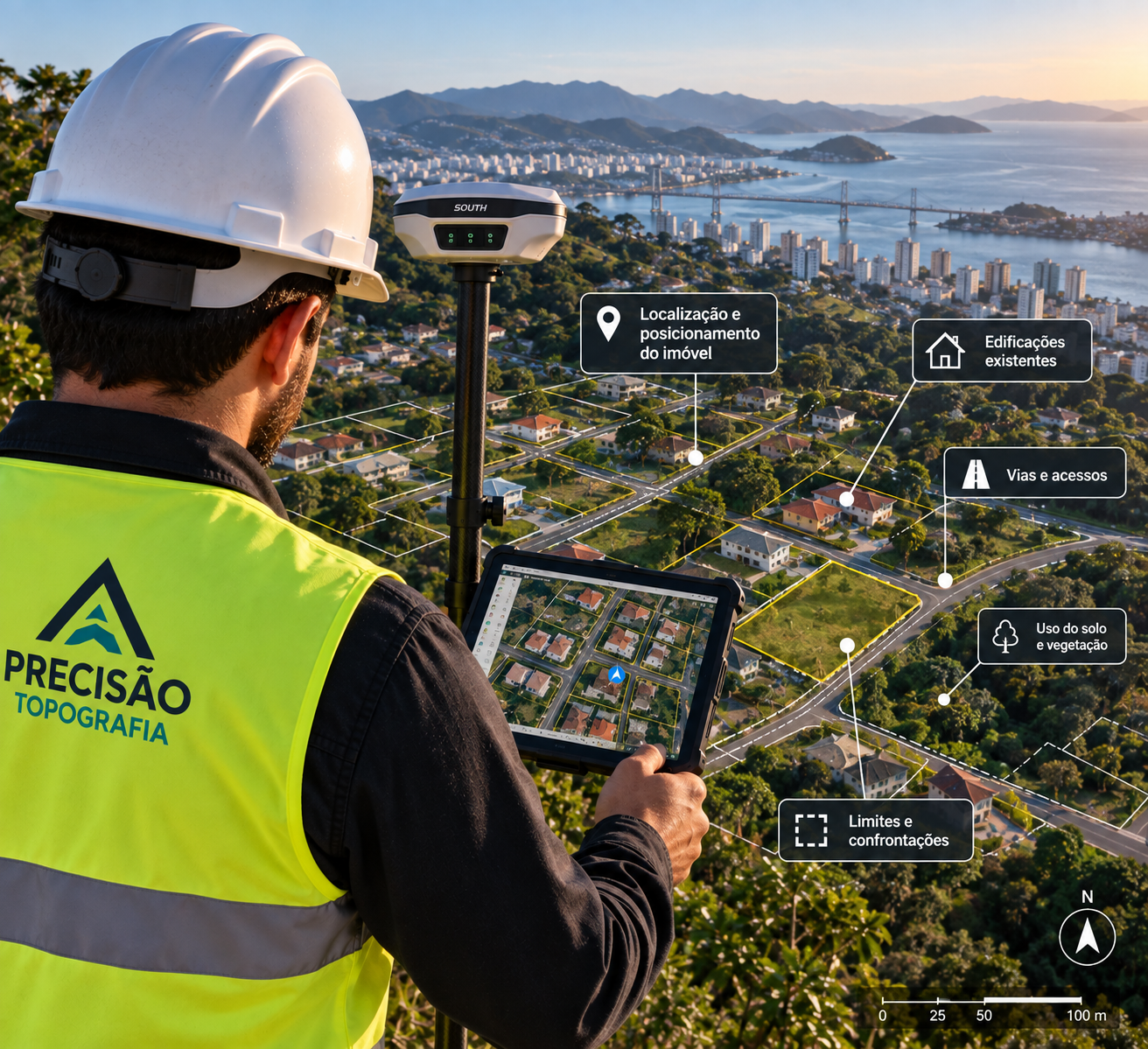 Profissional de topografia com receptor GNSS e tablet analisando planta cadastral sobre núcleo urbano, com edificações, vias e elementos de limites, localização e uso do solo identificados