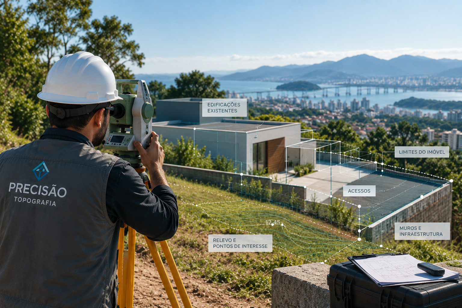 Topógrafo em campo na cidade de Florianópolis realizando medição com estação total para fins de cadastro técnico de imóvel, com vista da cidade, ponte e relevo ao fundo.
