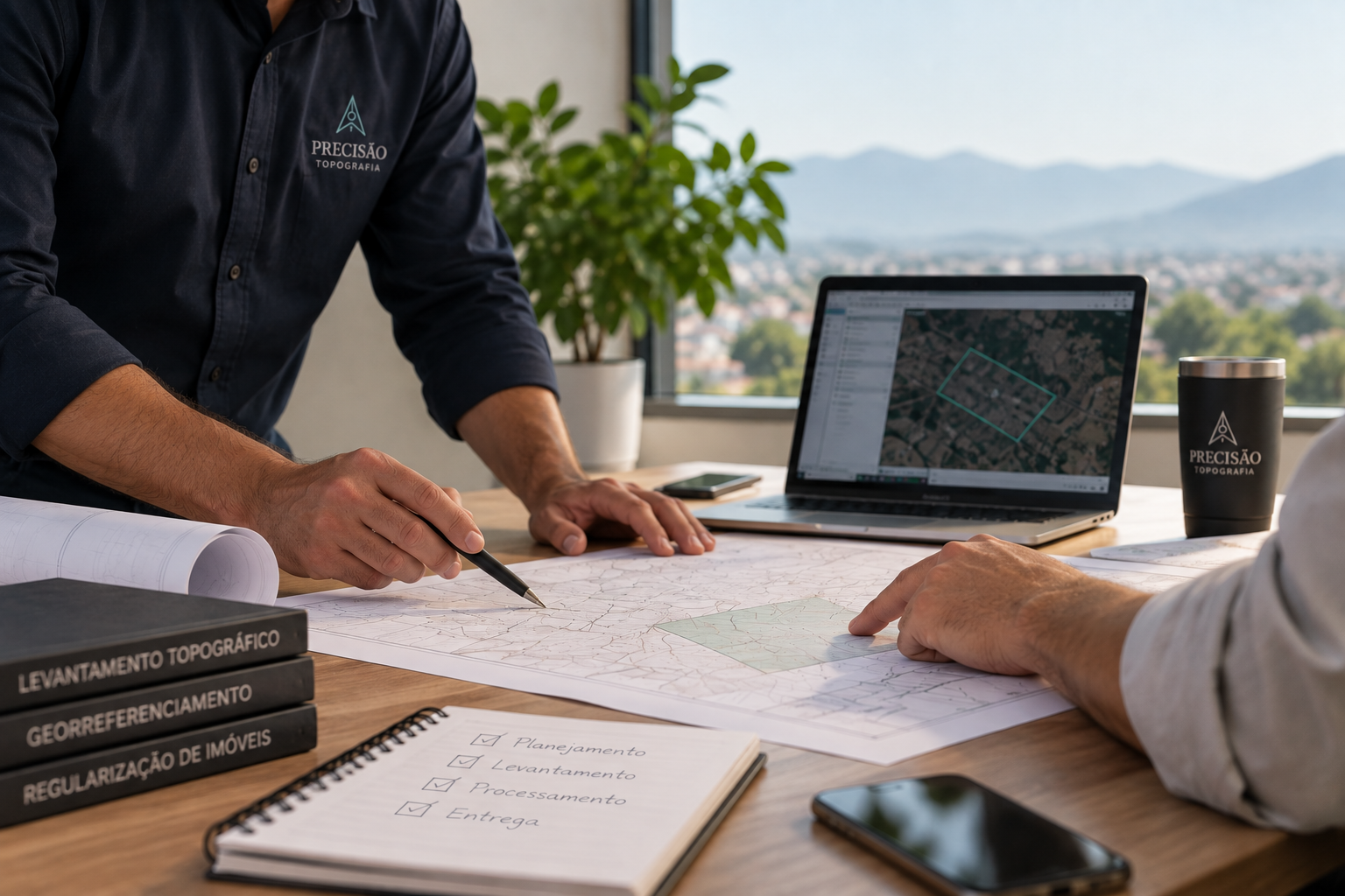 Equipe de topografia realizando medições em canteiro de obras