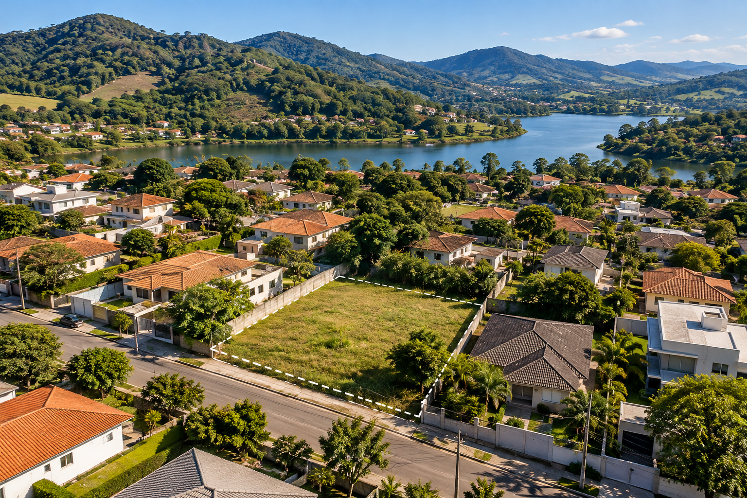 Vista aérea de bairro residencial com lotes, muros e divisas de terrenos claramente identificáveis em ambiente urbano e natural