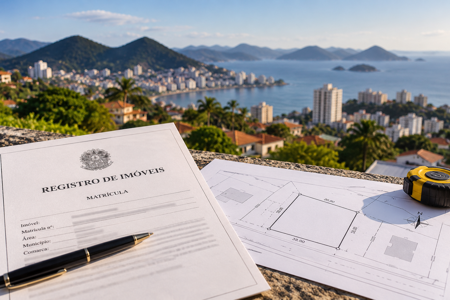 Documento de matrícula de imóvel e planta técnica com medidas e confrontantes apoiados sobre parapeito, com cidade e relevo ao fundo, representando a relação entre documentação, levantamento técnico e regularização