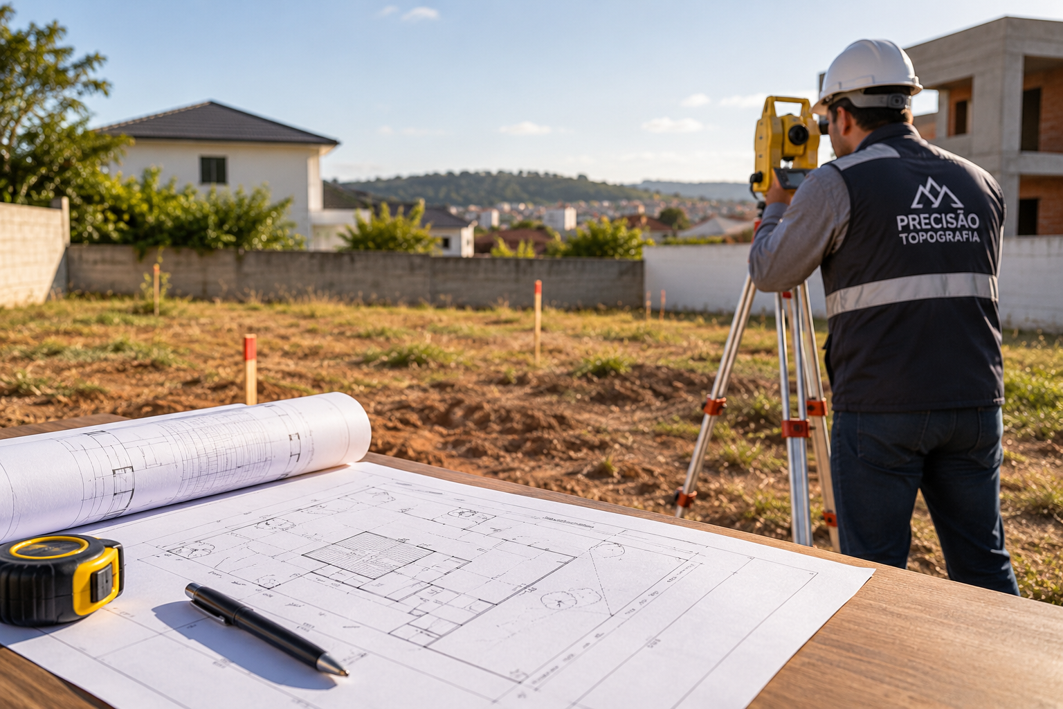 Profissional de topografia com estação total realizando levantamento topográfico em terreno para construção, com prancheta, planta técnica e trena em primeiro plano