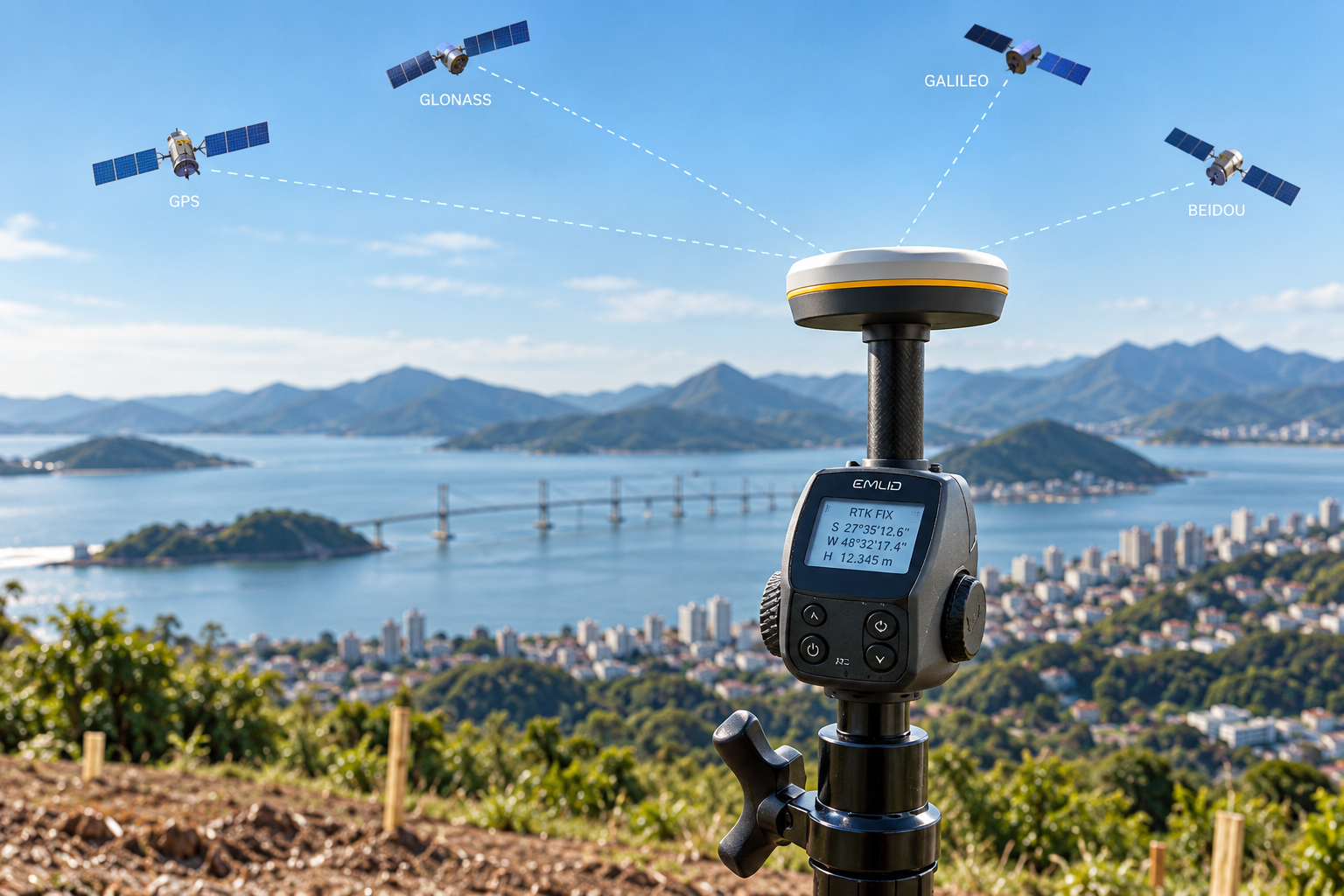 Receptor GNSS montado em bastão de levantamento em campo