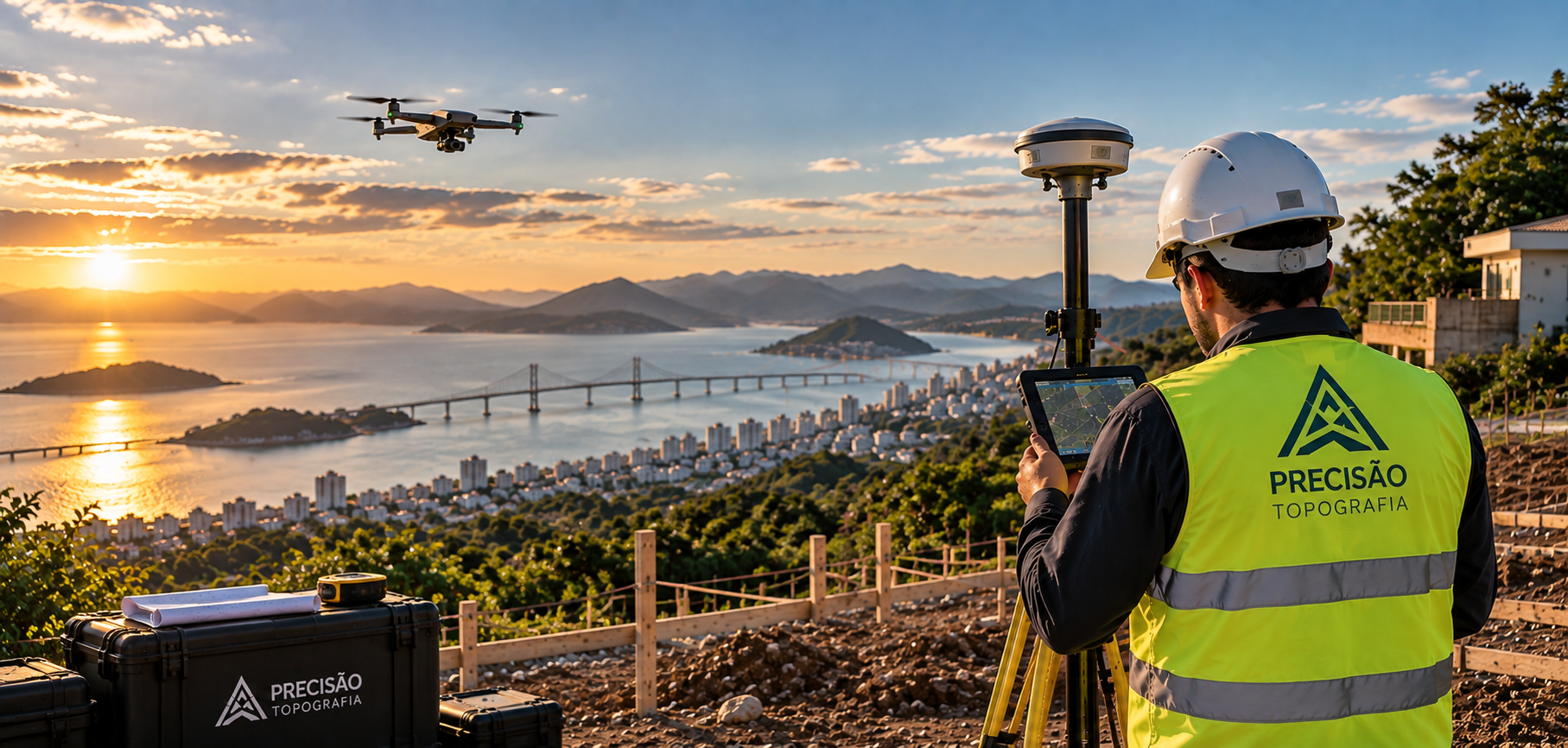 Profissional de topografia operando estação total em campo, com prancheta, planta topográfica e elementos do terreno ao fundo