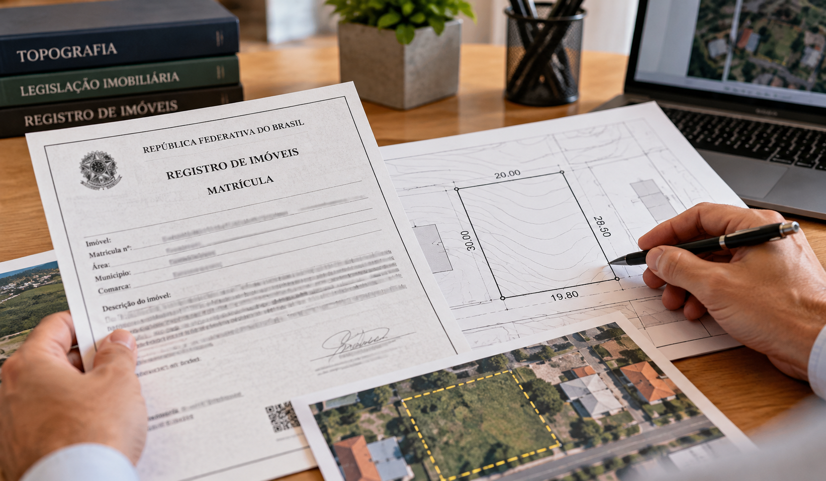 Documentos e planta de imóvel sobre uma mesa de trabalho