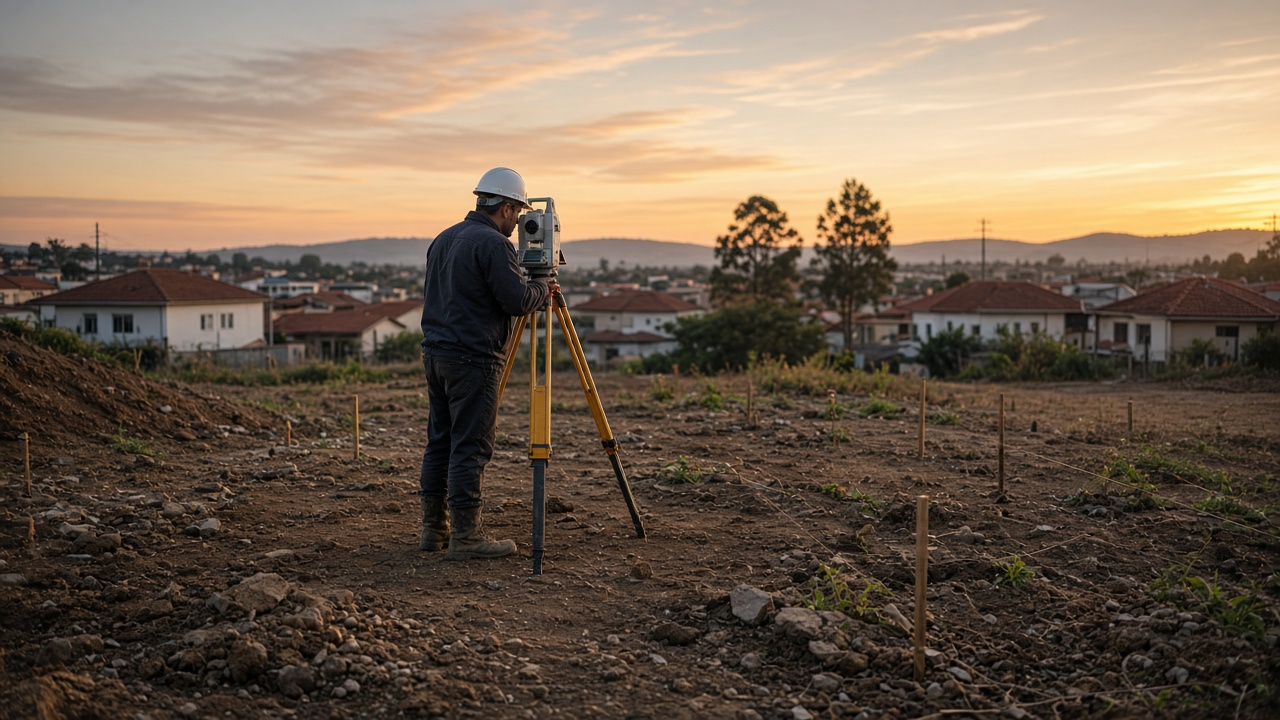 Terreno em preparação para obra com profissional de topografia em campo