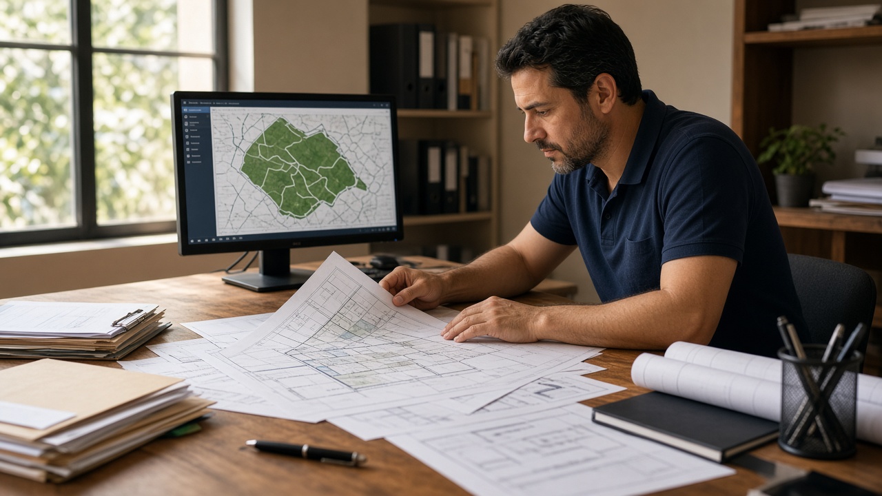 Documentação técnica de regularização imobiliária sendo analisada