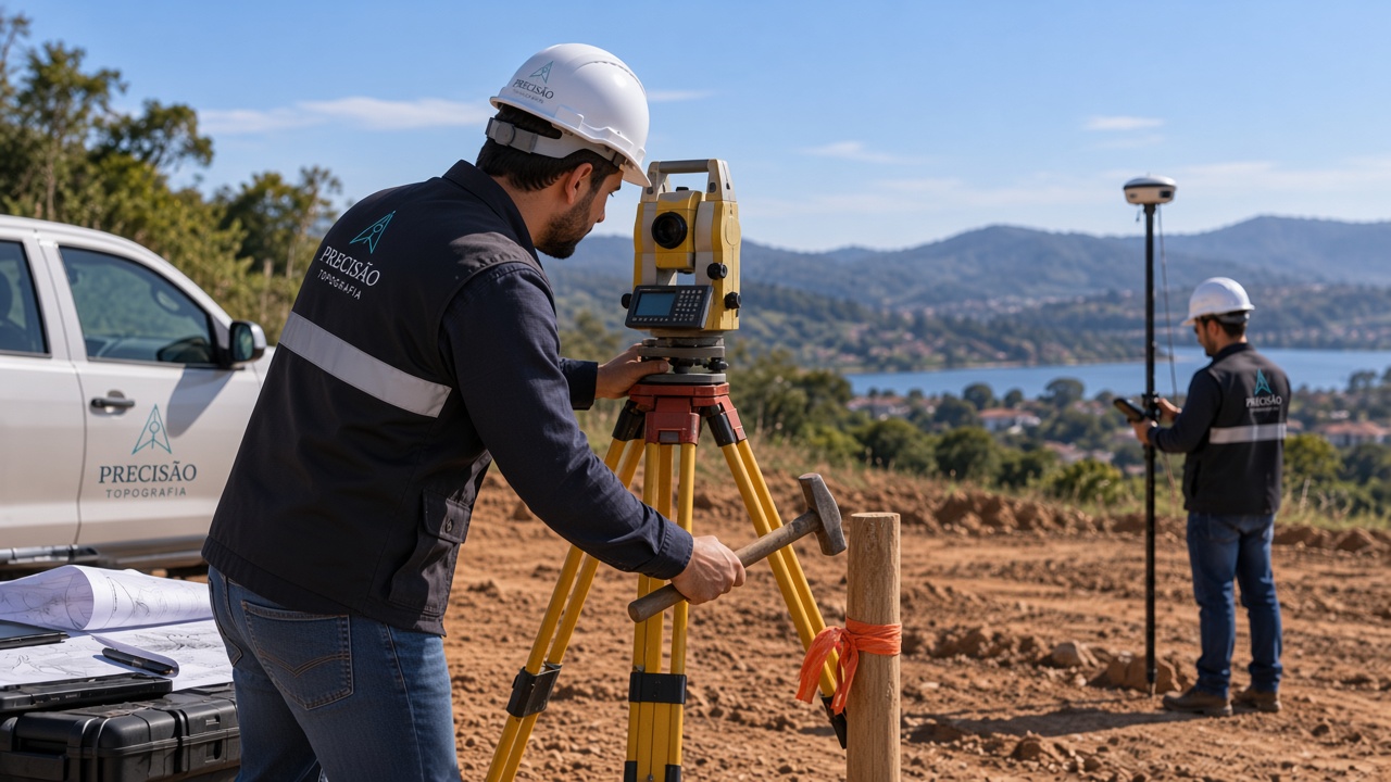Equipe de topografia marcando pontos de locação no terreno