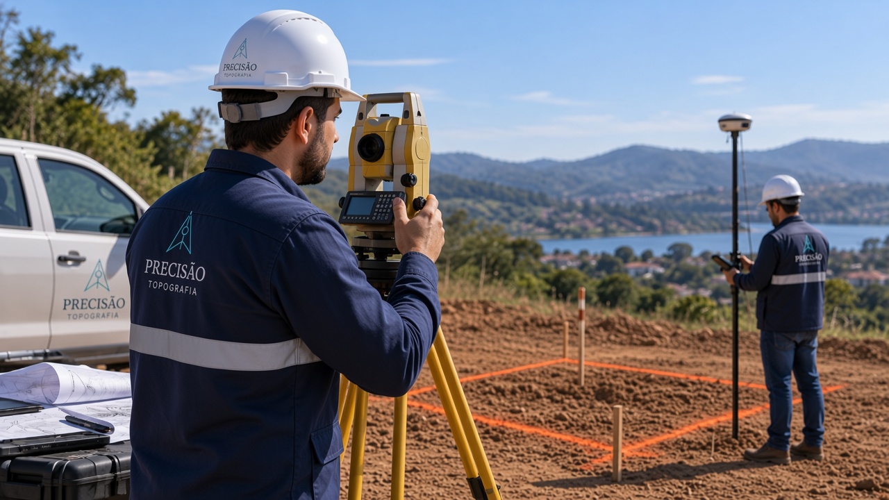 Equipe de topografia implantando a edificação no terreno