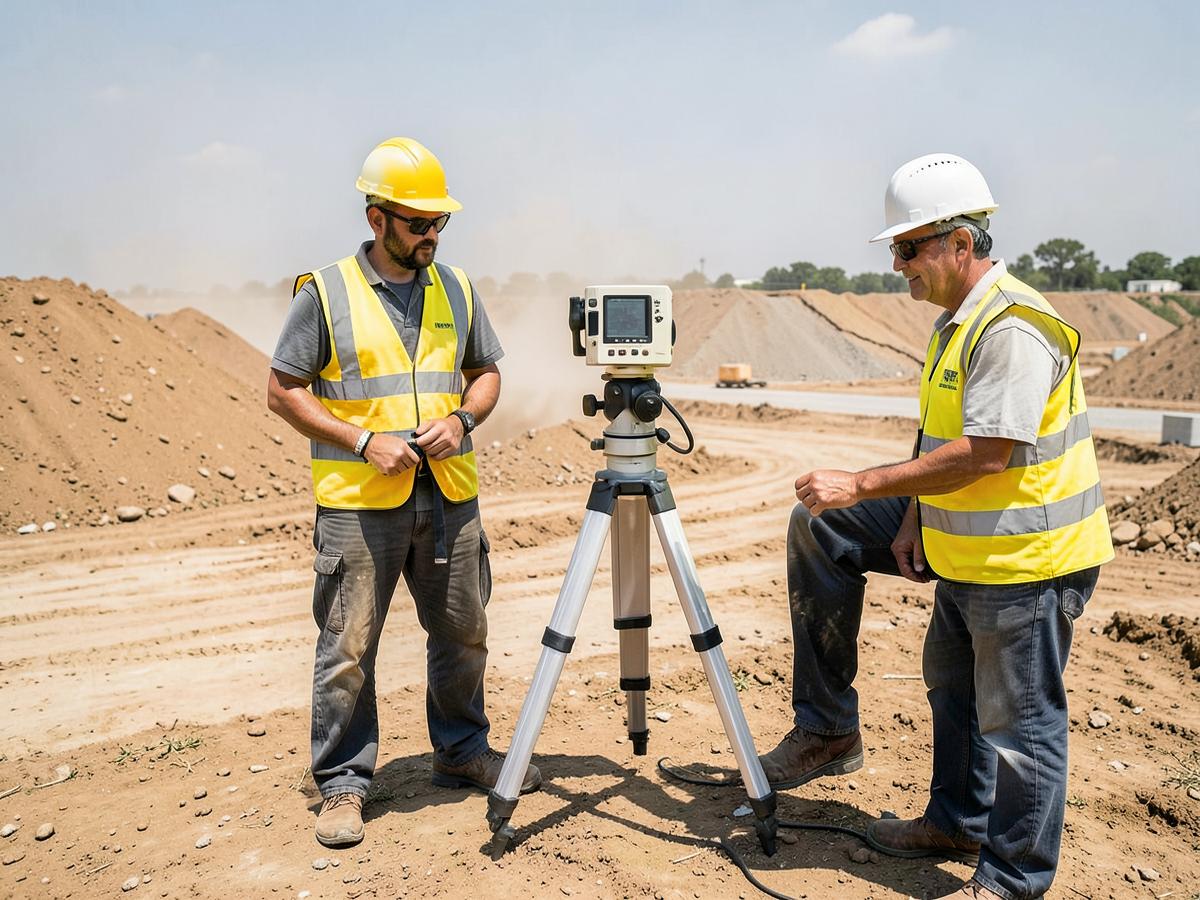 Equipe de topografia realizando medições em canteiro de obras