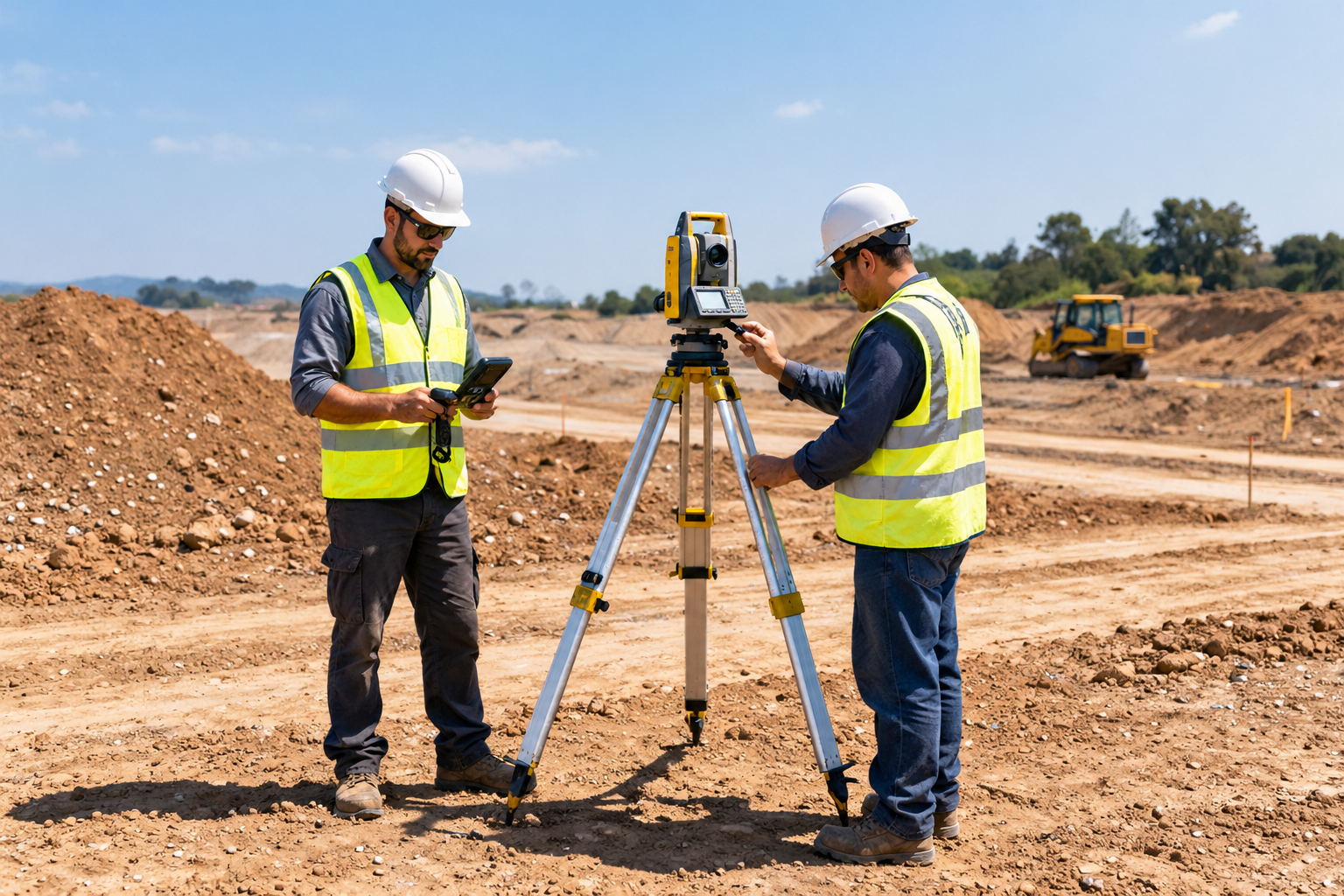 Equipe de topografia realizando medições em canteiro de obras