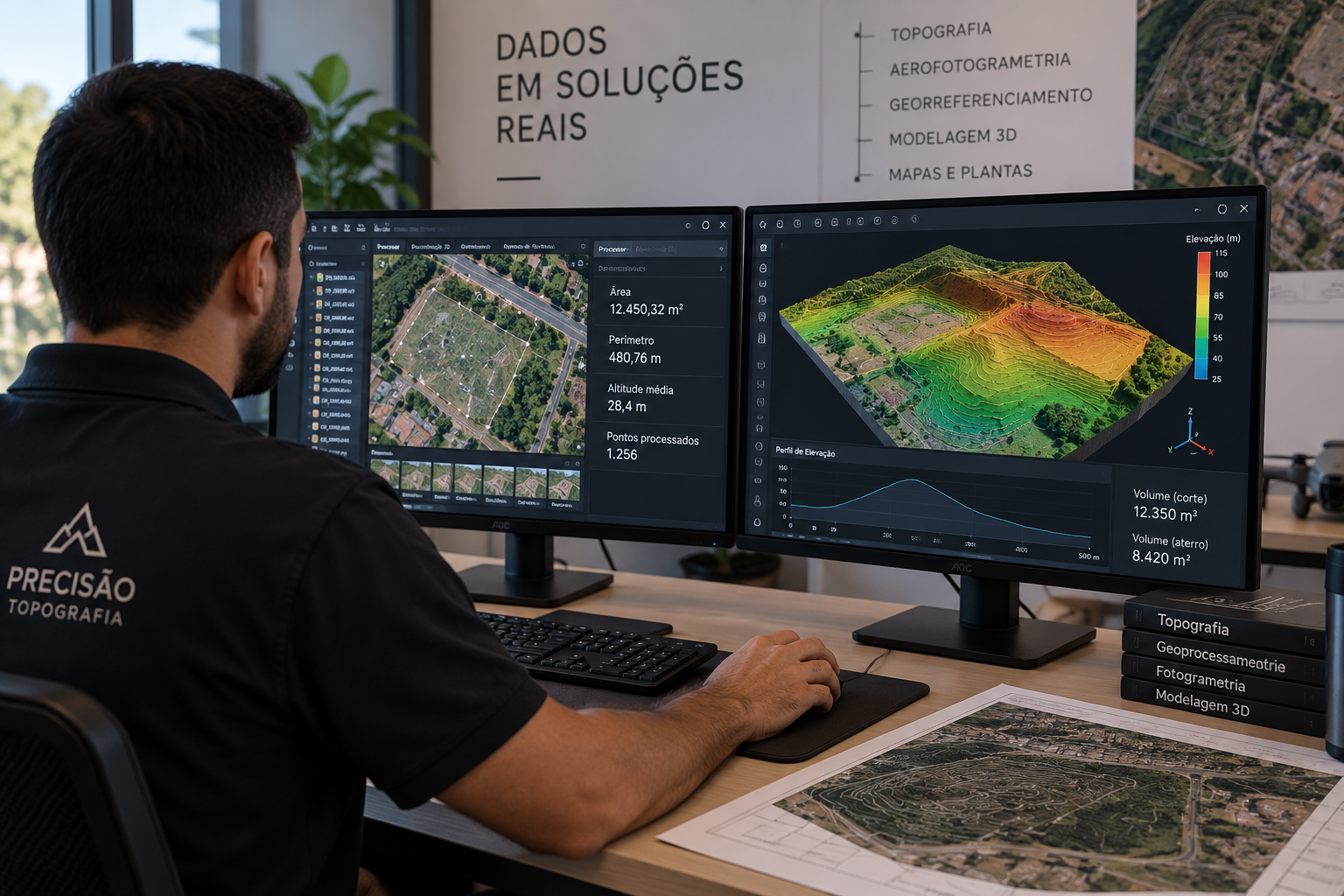 Modelo digital de terreno com curvas de nível em tela de software