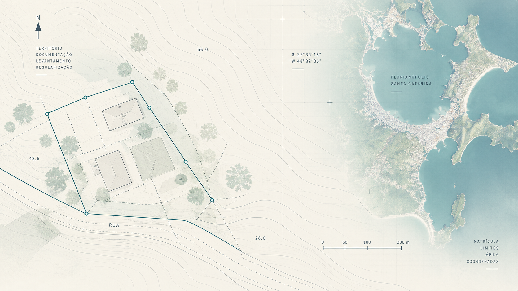 Profissional de topografia analisando documentação técnica de um imóvel em Florianópolis
