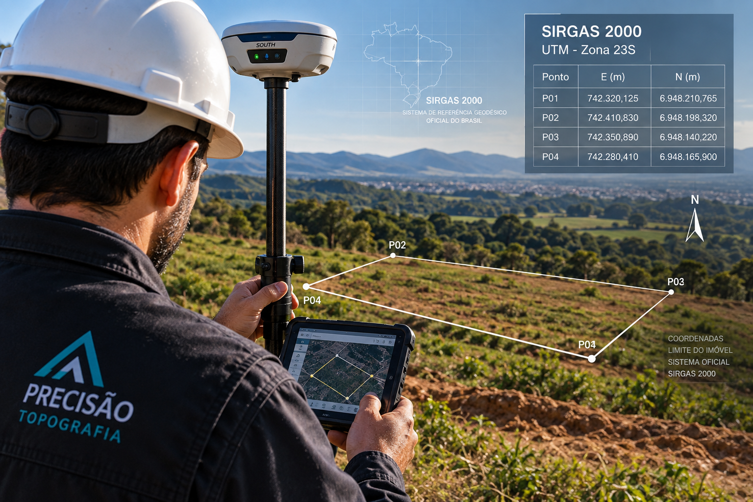 Profissional de topografia operando receptor GNSS em campo, com coleta de coordenadas SIRGAS 2000 dos vértices do imóvel