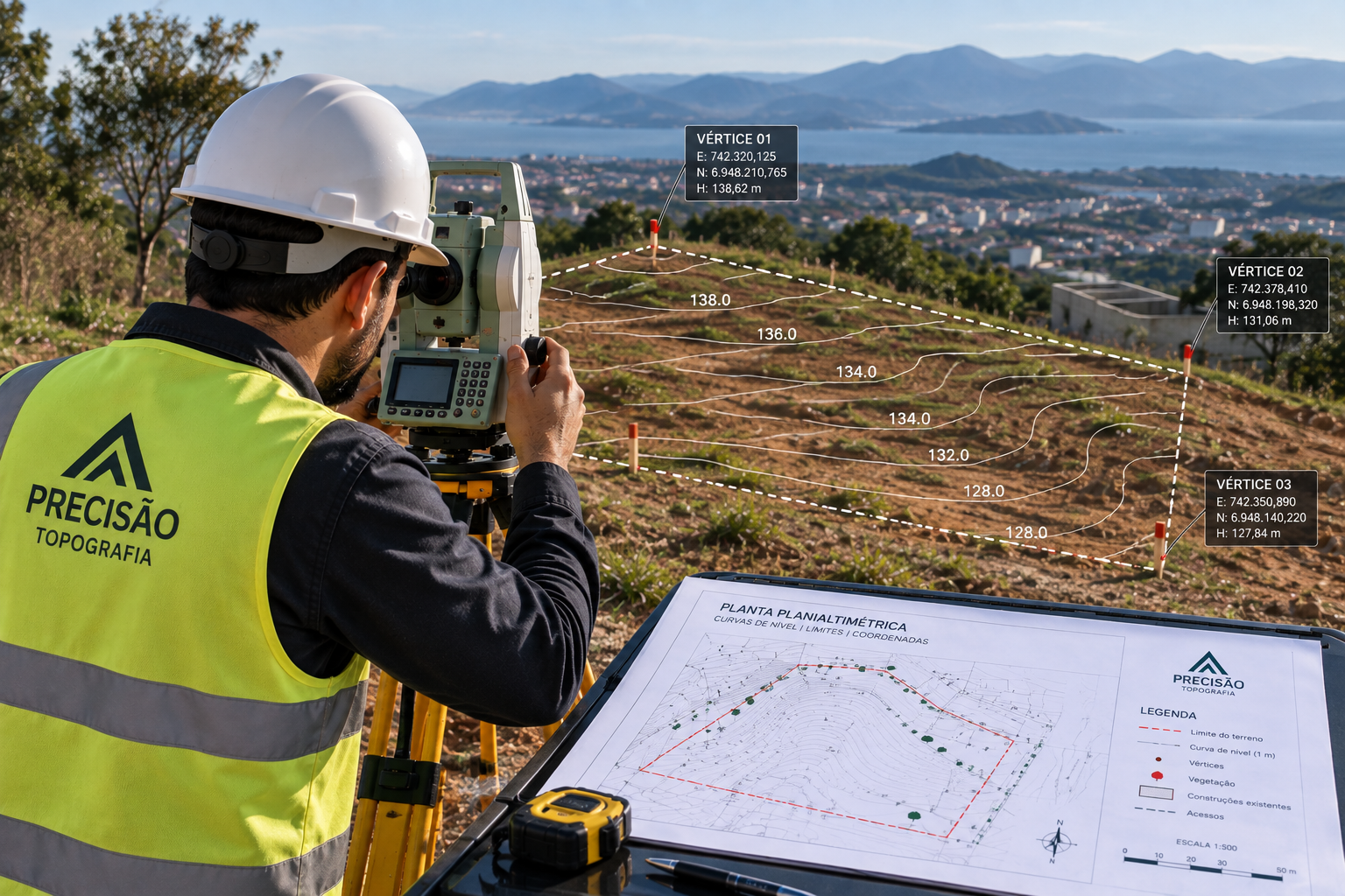 Profissional de topografia operando estação total em terreno com curva de nível, vértices georreferenciados e planta planialtimétrica visível ao lado