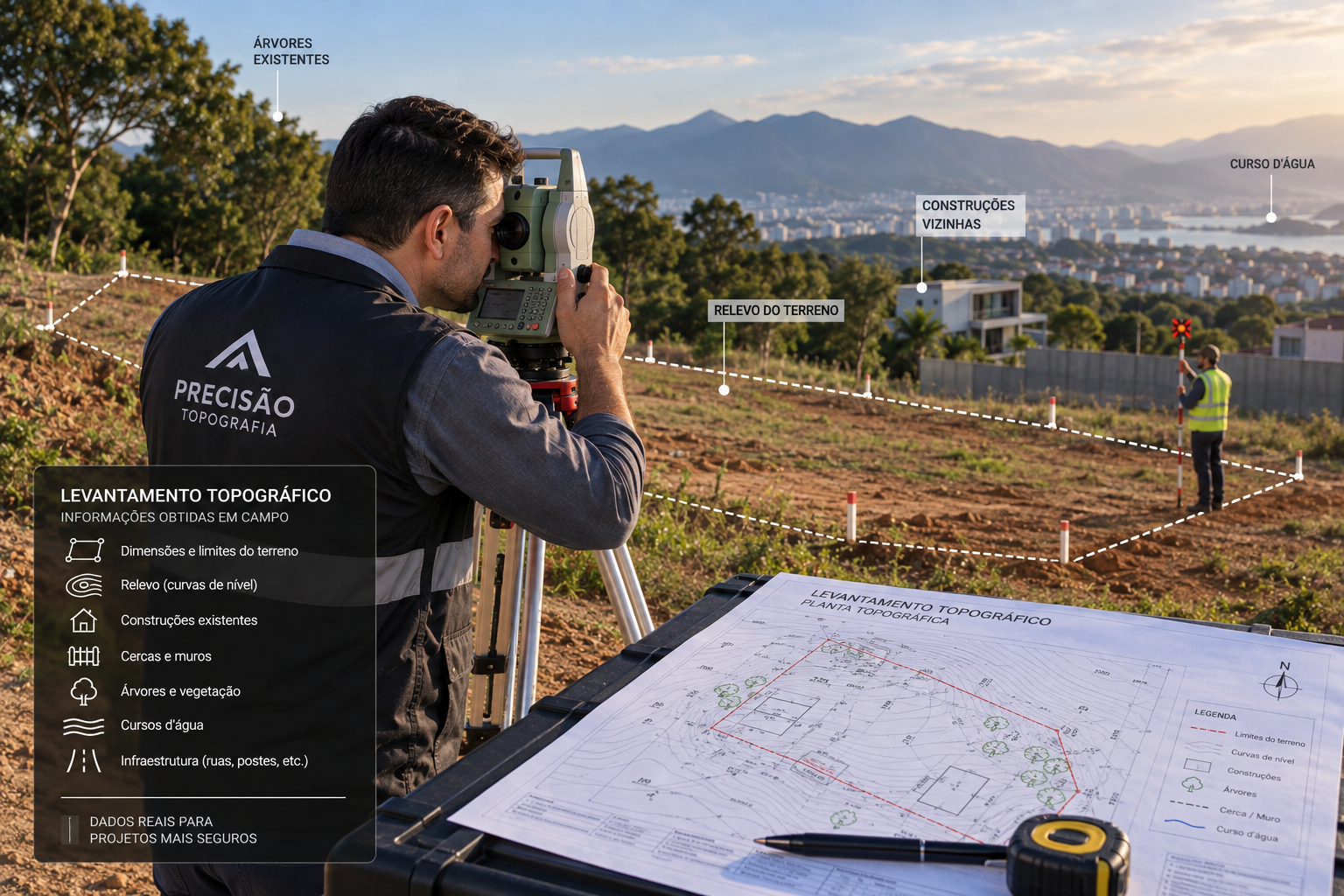 Profissional de topografia operando estação total em campo, com prancheta, planta topográfica e elementos do terreno ao fundo