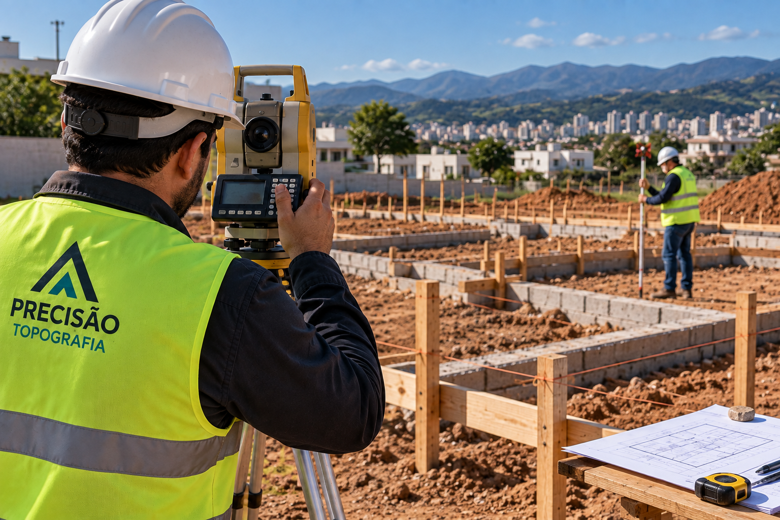 Equipe de topografia realizando medições em canteiro de obras