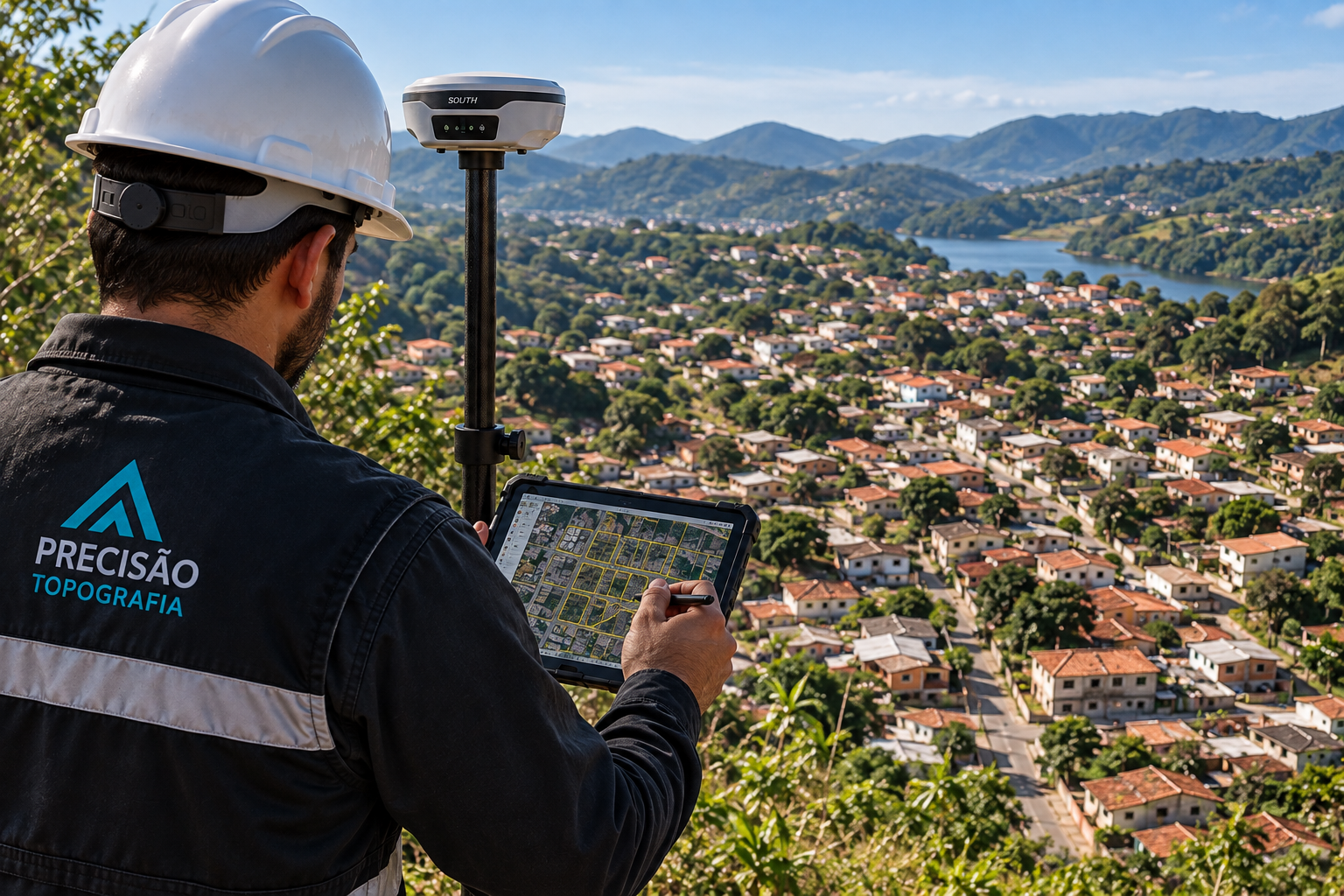 Profissional de topografia com receptor GNSS e tablet analisando planta cadastral sobre núcleo urbano, com edificações, vias e quadras identificadas ao fundo