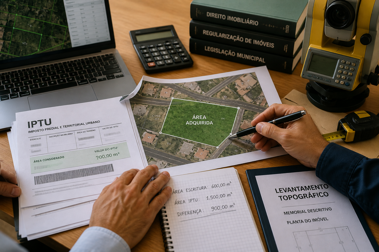 Análise técnica de IPTU e levantamento topográfico para conferência da área adquirida em terreno desmembrado.