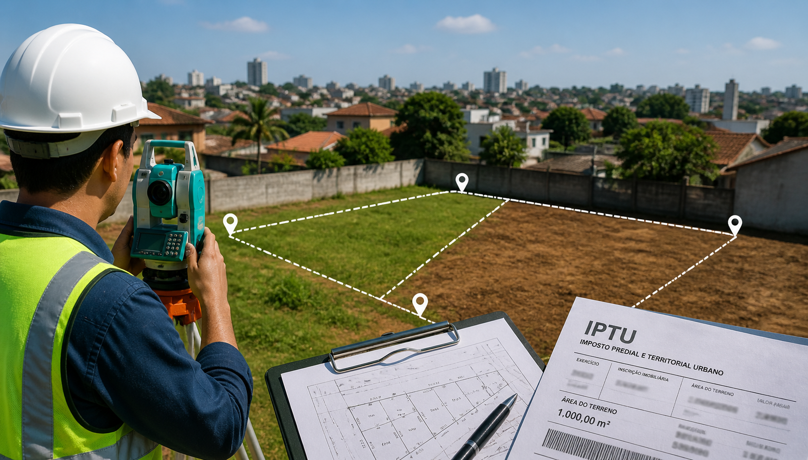 Análise técnica de IPTU e levantamento topográfico para conferência da área adquirida em terreno desmembrado.