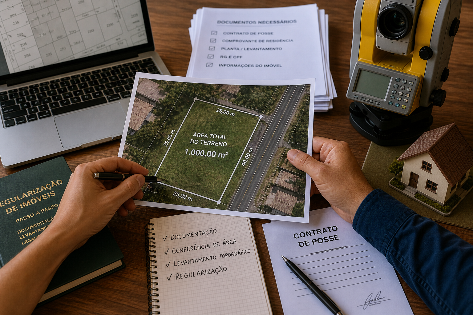 Análise documental e levantamento topográfico para regularização de imóvel de posse sem matrícula.