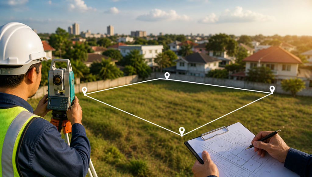 Levantamento topográfico de terreno urbano para análise documental e regularização de imóvel em processo de inventário.