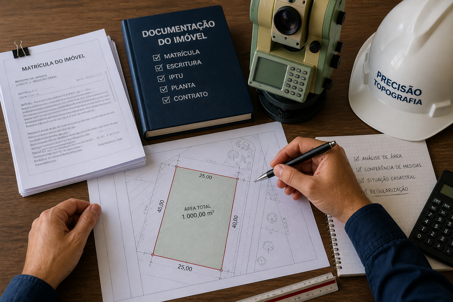 Análise documental e levantamento topográfico para regularização de imóvel com divergência de área e matrícula.