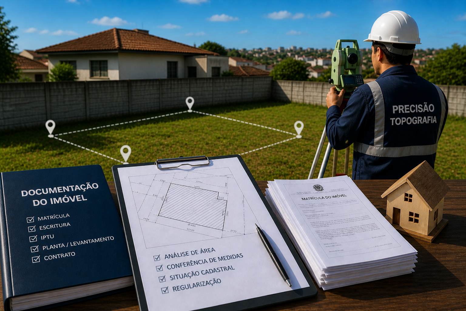 Análise documental e levantamento topográfico para regularização de imóvel com divergência de área e matrícula.