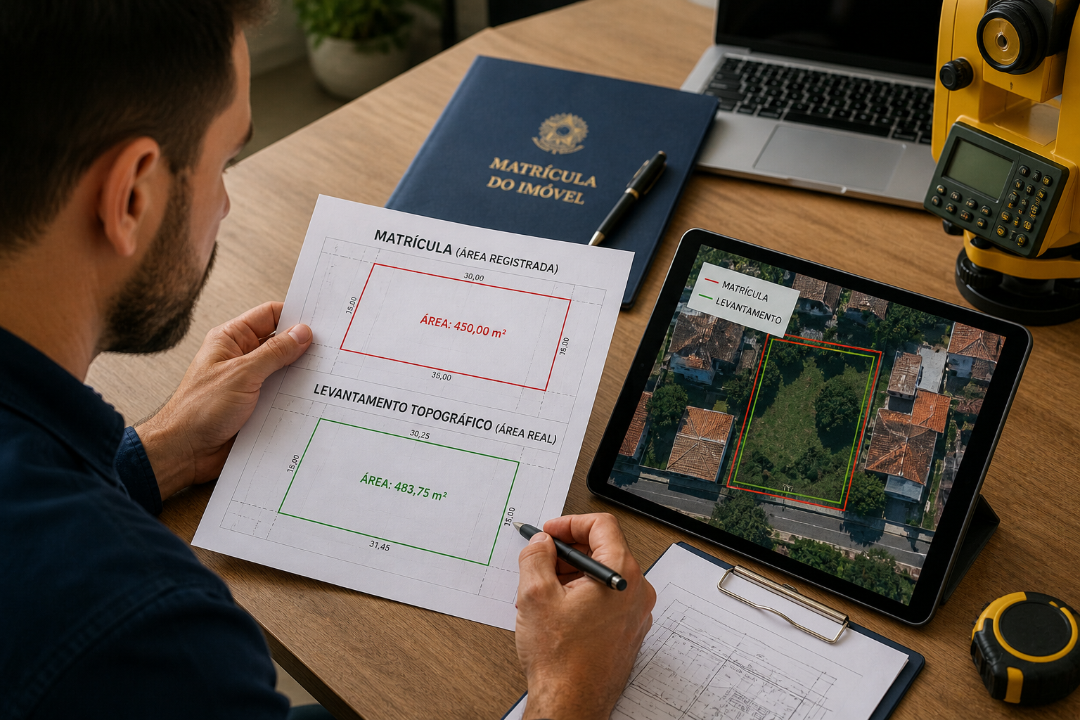 levantamento topográfico para conferir diferenças entre matrícula e área real do imóvel