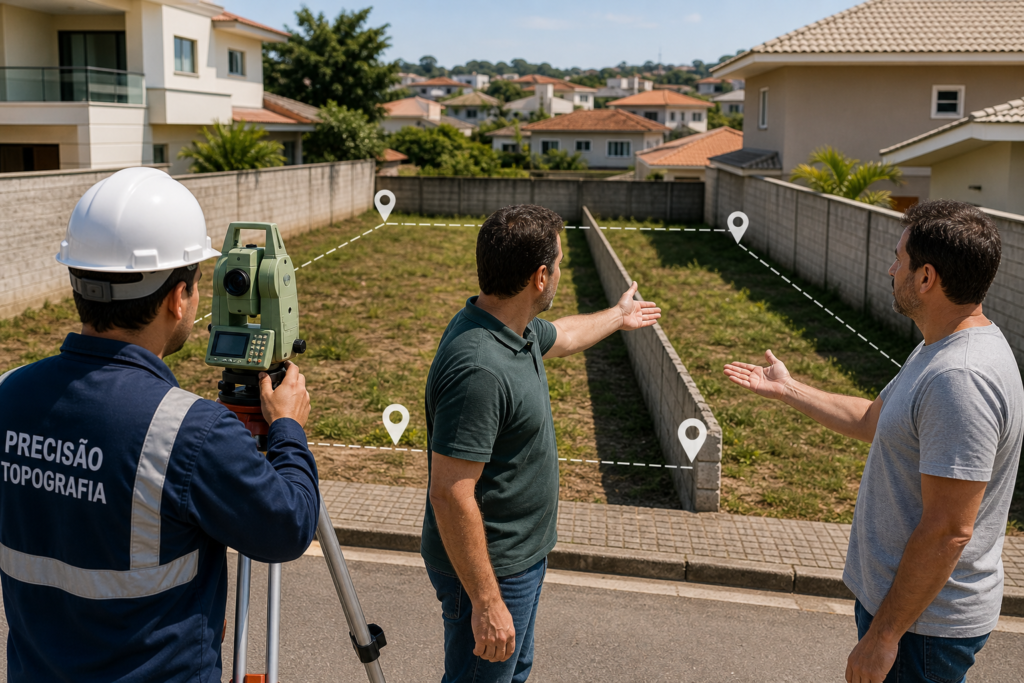 Análise técnica de divisa entre imóveis com levantamento topográfico e conferência de limites da propriedade.