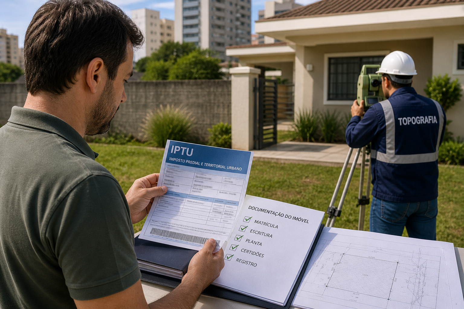 Comparação entre IPTU, matrícula e levantamento topográfico identificando possíveis irregularidades no imóvel.