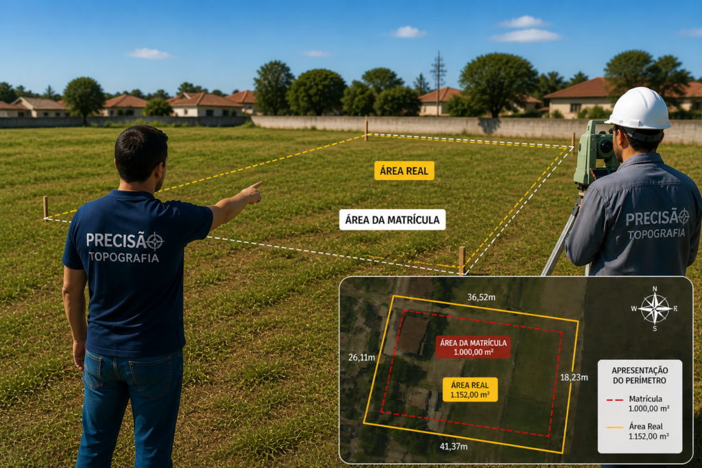 Levantamento topográfico identificando diferença entre a área real do imóvel e a matrícula.