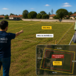Levantamento topográfico identificando diferença entre a área real do imóvel e a matrícula.