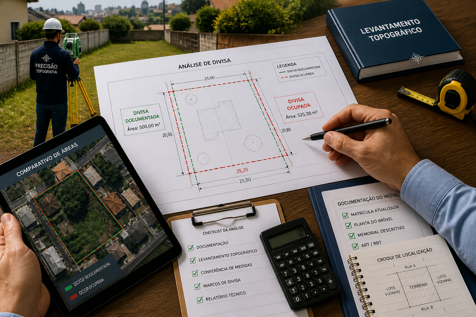 análise técnica de divisa de terreno com levantamento topográfico e conferência documental