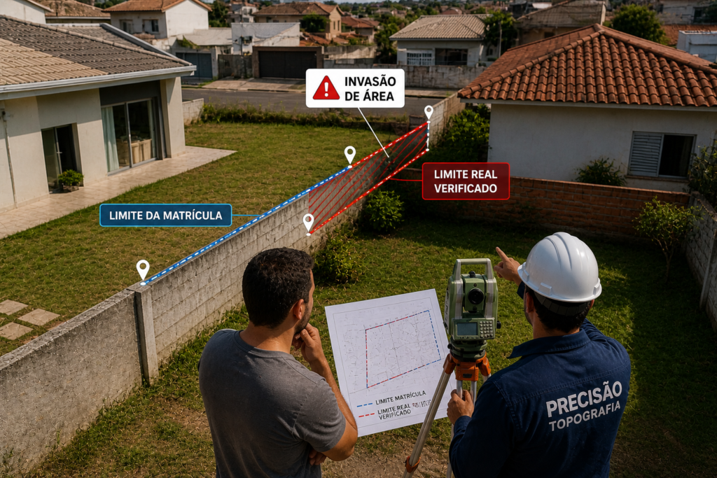 Levantamento topográfico identificando invasão de área entre imóveis vizinhos em lote urbano com conferência de limites e divisas.