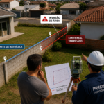 Levantamento topográfico identificando invasão de área entre imóveis vizinhos em lote urbano com conferência de limites e divisas.