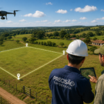 Georreferenciamento rural com drone e GPS RTK em propriedade agrícola para regularização e levantamento topográfico.