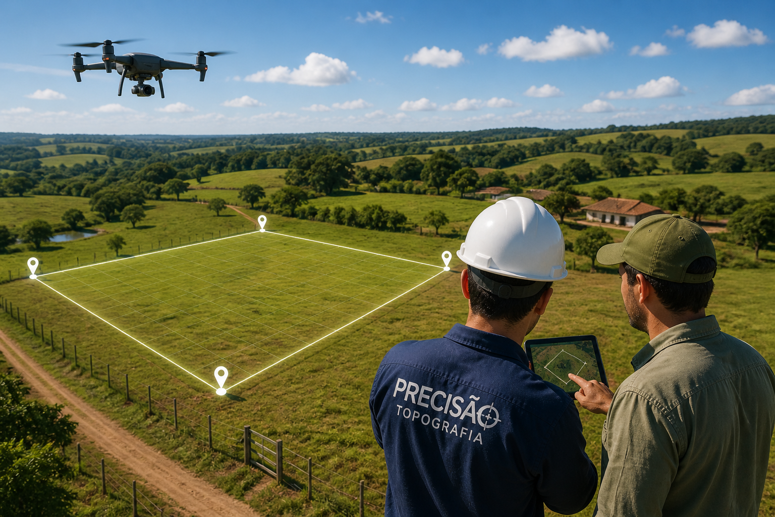 Georreferenciamento rural com drone e GPS RTK em propriedade agrícola para regularização e levantamento topográfico.