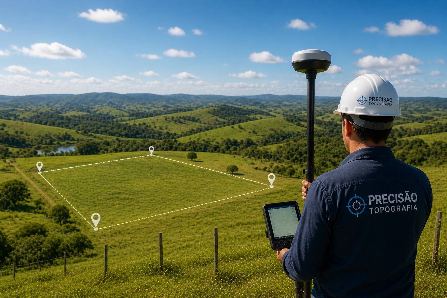 Profissional realizando georreferenciamento rural com GPS RTK em área delimitada para regularização de imóvel rural.