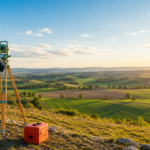 Topógrafo realizando levantamento planialtimétrico em área rural com estação total.