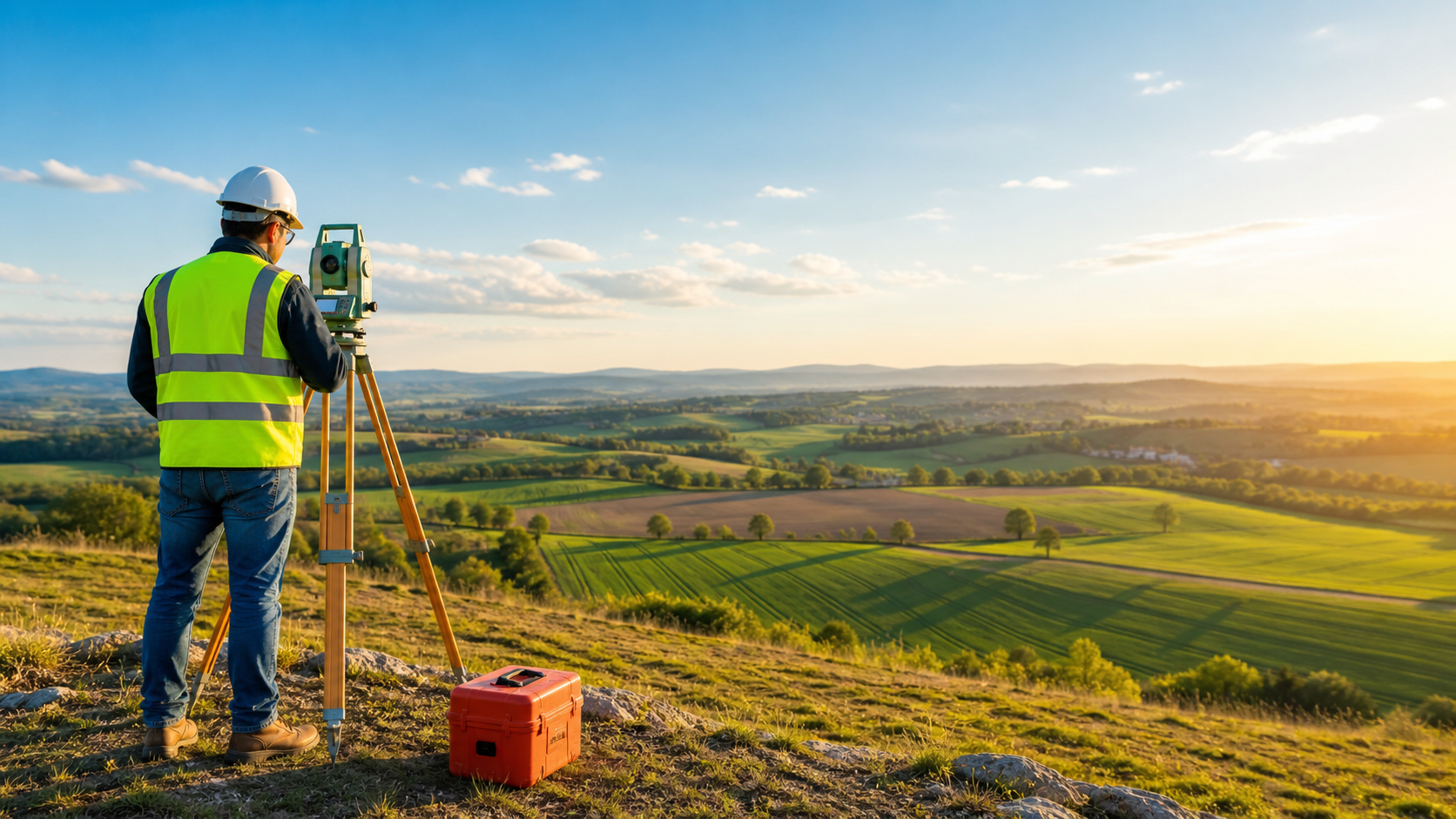 Topógrafo realizando levantamento planialtimétrico em área rural com estação total.