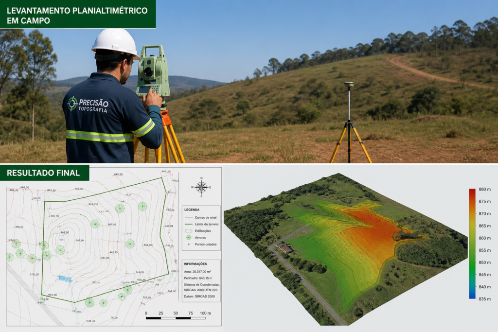 Topógrafo realizando levantamento planialtimétrico com estação total E RECEPTORES gnss em área urbana